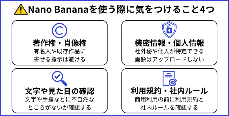Nano Bananaを使う際に気をつけること4つをまとめた図