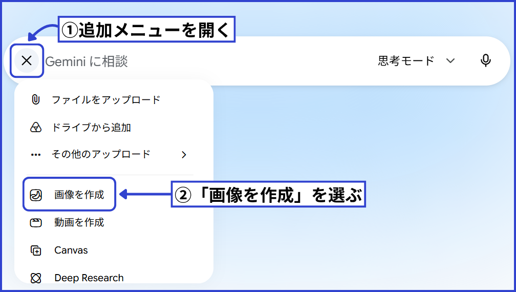 Geminiのチャット欄で追加メニューから画像を作成を選ぶ画面