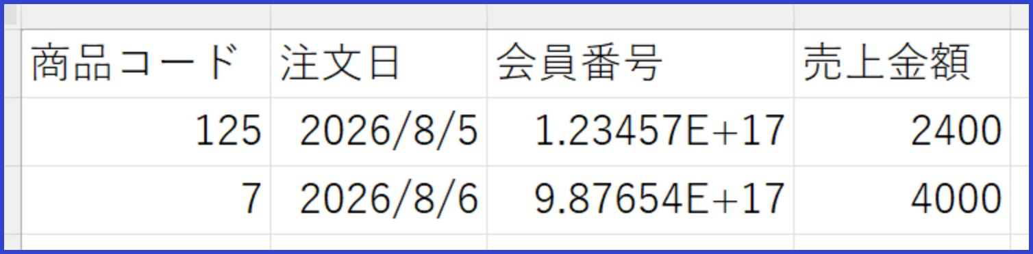 CSVファイルをExcelで開き商品コードの先頭の0と会員番号が自動変換された画面