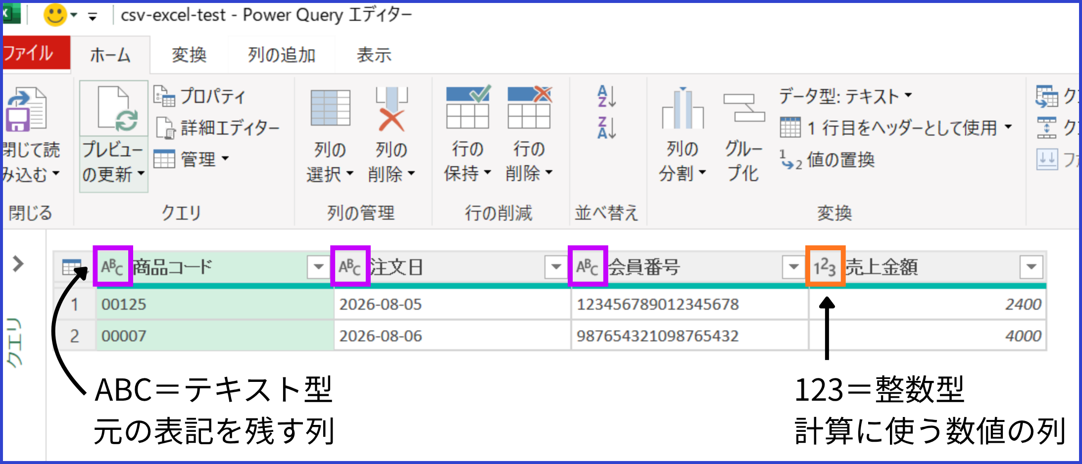 Power Queryで商品コード・注文日・会員番号をテキスト型、売上金額を整数型に設定した画面